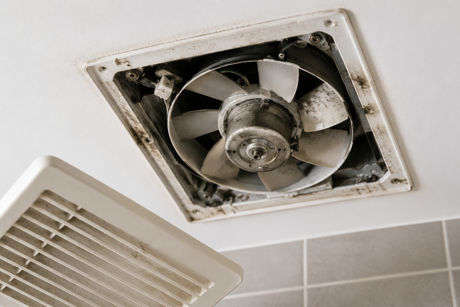 Bathroom exhaust fan with cover removed showing dusty fan blades and motor assembly during troubleshooting and repair inspection.