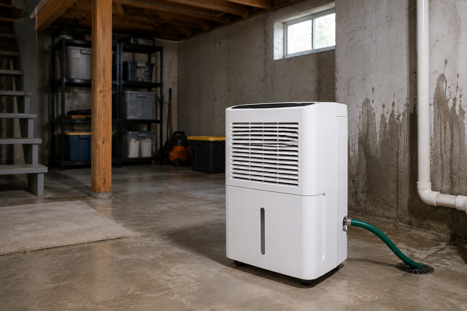 Portable dehumidifier removing excess moisture in a clean residential basement with continuous drain hose connected