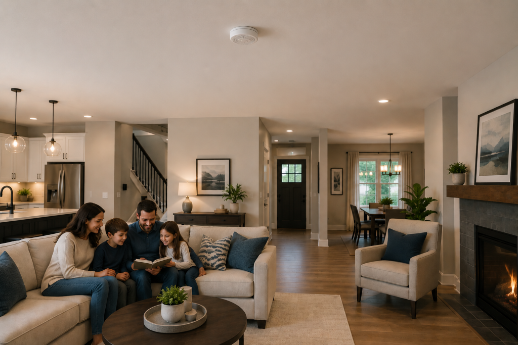 Modern family relaxing in a living room with a single ceiling-mounted smoke detector visible overhead, illustrating the importance of reliable home fire protection and family safety.
