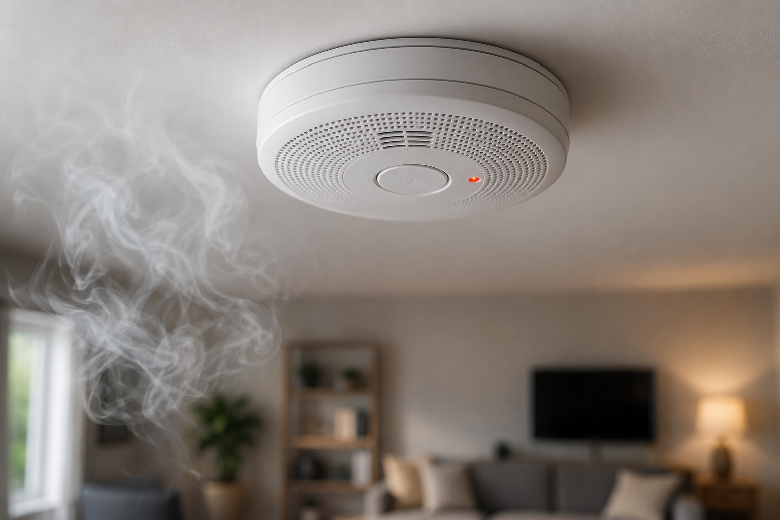 Modern ceiling-mounted smoke detector with light smoke in a residential living room, illustrating home fire safety and early smoke detection.