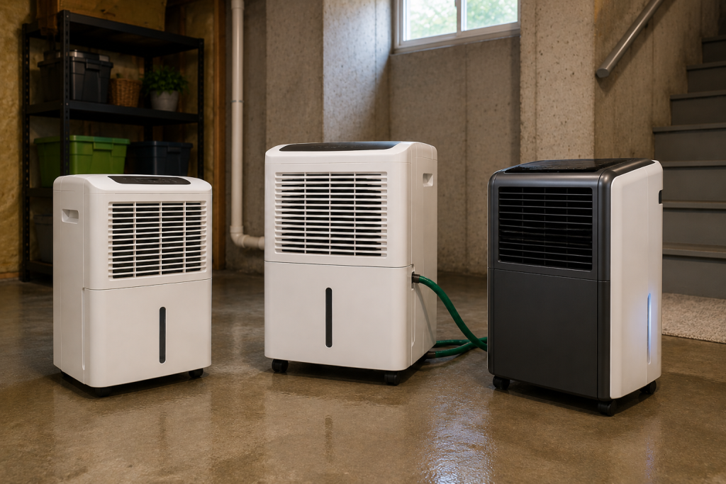 Three different basement dehumidifier types including standard, pump-equipped, and smart Wi-Fi models in a residential basement