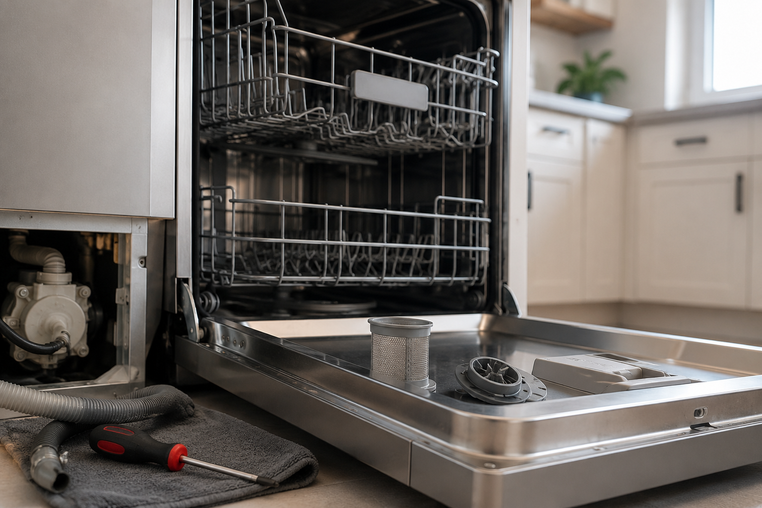 Bosch dishwasher displaying a drainage error while a homeowner inspects standing water inside the dishwasher tub in a modern kitchen.