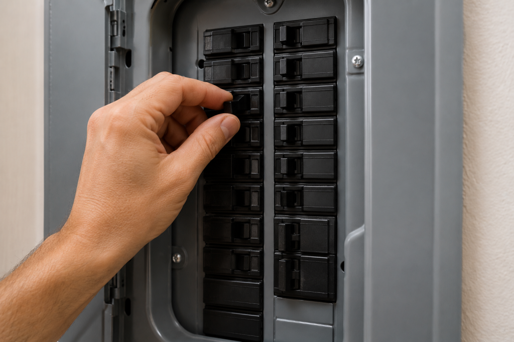 Homeowner inspecting and resetting a residential circuit breaker inside an electrical panel while troubleshooting a power problem affecting an outlet.