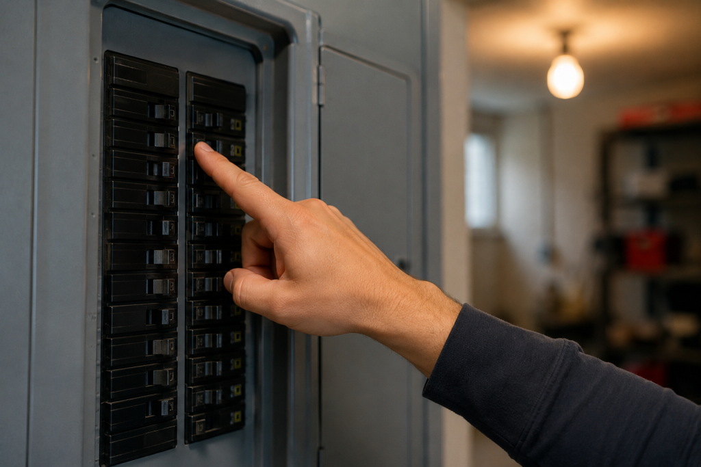 Residential electrical panel with one circuit breaker being inspected by a homeowner, showing a clean breaker box inside a modern home during dimmer switch troubleshooting.