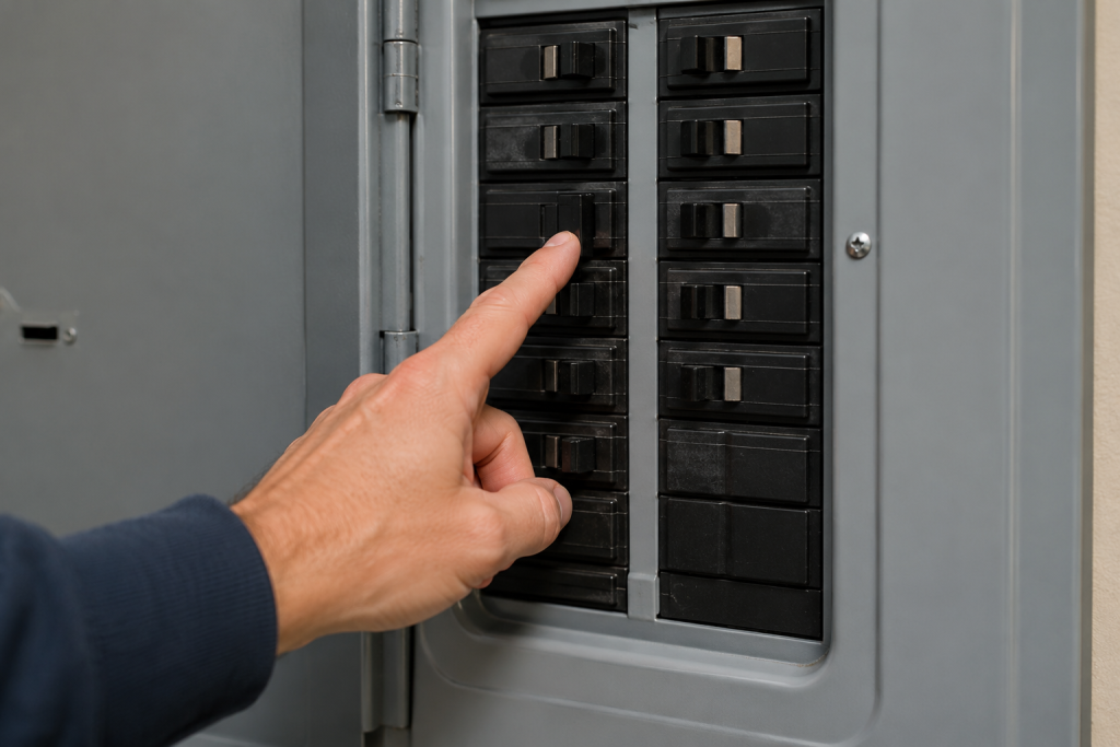 Homeowner standing at an open electrical panel inspecting circuit breakers while troubleshooting a doorbell not working, with focus on the breaker panel and no visible text or labels.