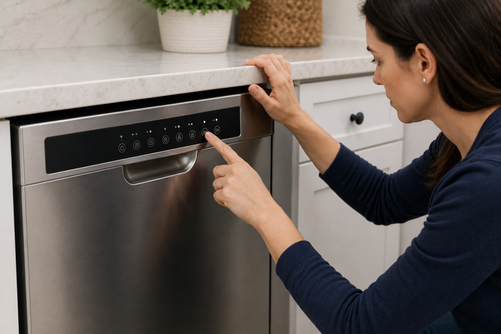 Homeowner pressing and holding buttons on a dishwasher control panel to disable control lock mode