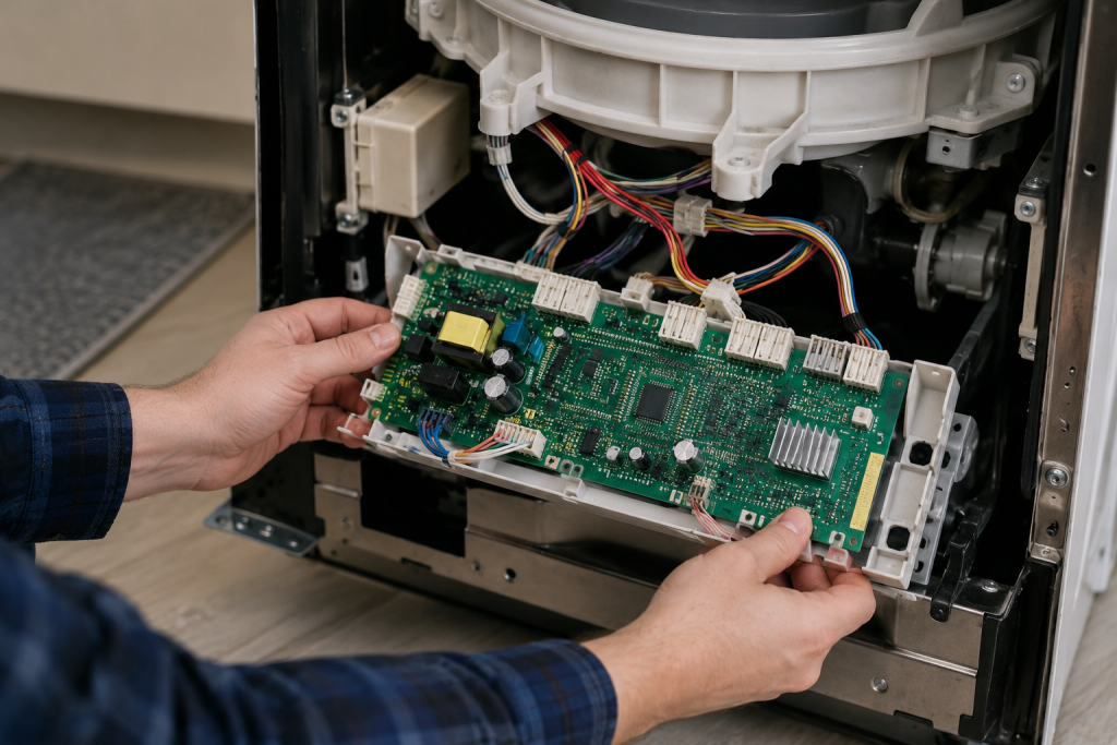 Homeowner inspecting the electronic control board inside a dishwasher with the access panel removed, checking wiring connections and circuit components while troubleshooting a dishwasher that is not drying dishes properly.