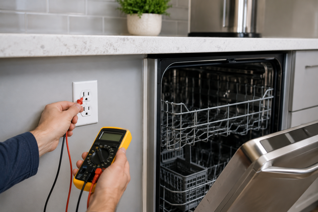 Technician testing power supply to a GE dishwasher using a voltage tester near a kitchen outlet