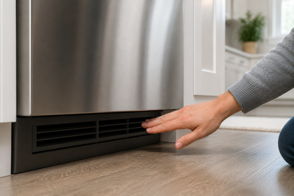 Open dishwasher door with a close-up view of the interior vent assembly near the top edge, showing a homeowner inspecting the vent area for blockages, debris, or mechanical issues that could affect drying performance.