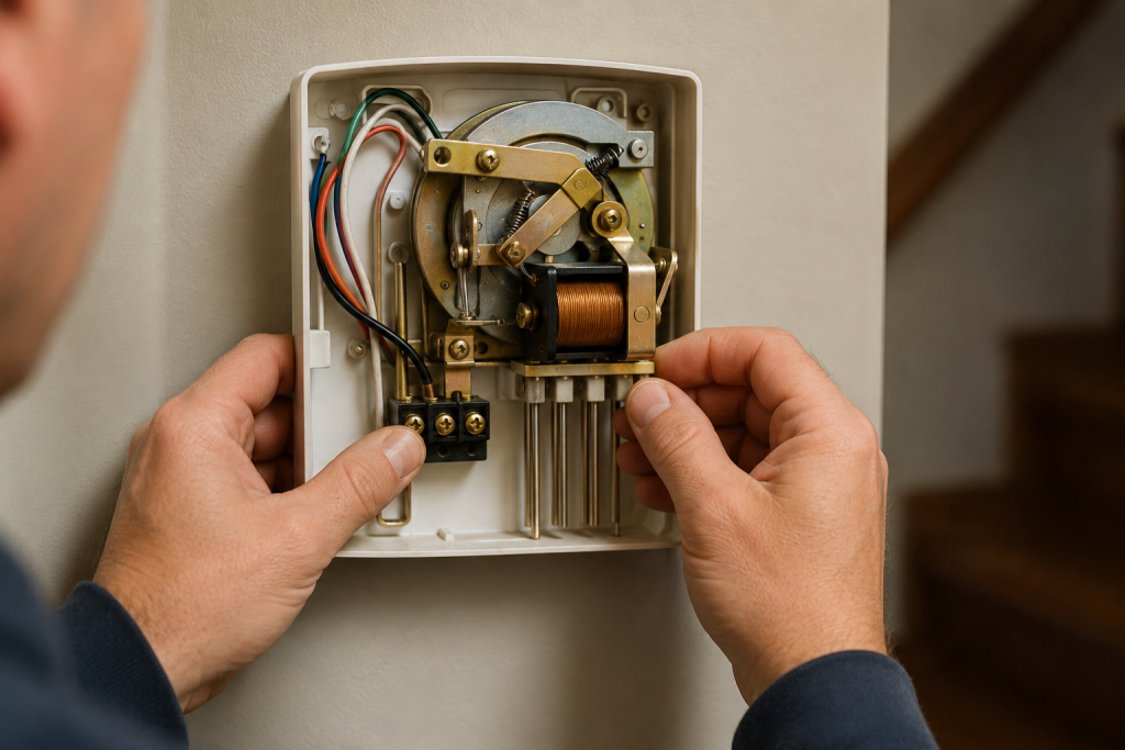 Close-up of a homeowner inspecting the internal components of a residential doorbell chime mechanism, checking wiring connections, plungers, and moving parts while troubleshooting a doorbell that is not working.