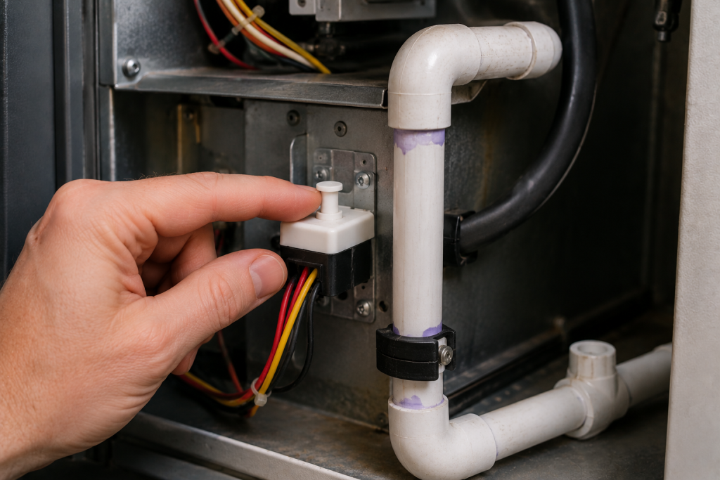 Person inspecting the condensate drain safety switch on a residential HVAC system to determine whether it has shut off thermostat power.