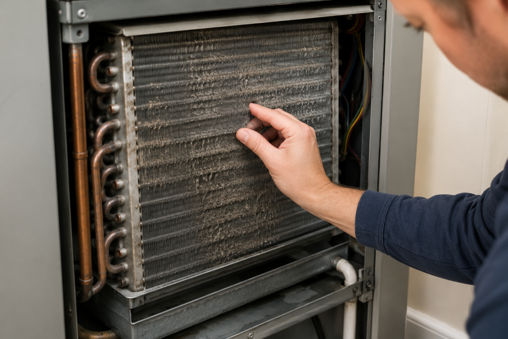 HVAC evaporator coil inside an air handler being inspected for dust and debris buildup that can restrict airflow and cause an air conditioner to freeze up.