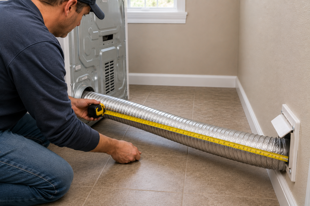 Homeowner measuring the length of a dryer vent duct between the dryer and wall vent to verify proper vent installation and diagnose an LG Dryer D90 airflow restriction error.