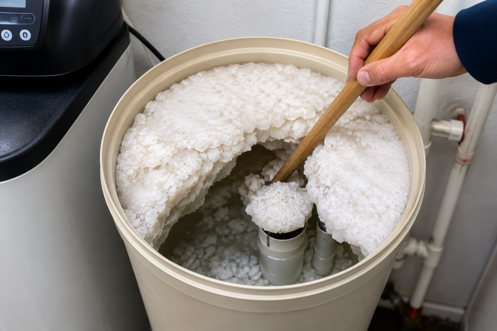 Homeowner breaking up a hardened salt bridge inside a water softener brine tank using a wooden handle during maintenance for Water Softener Not Using Salt.
