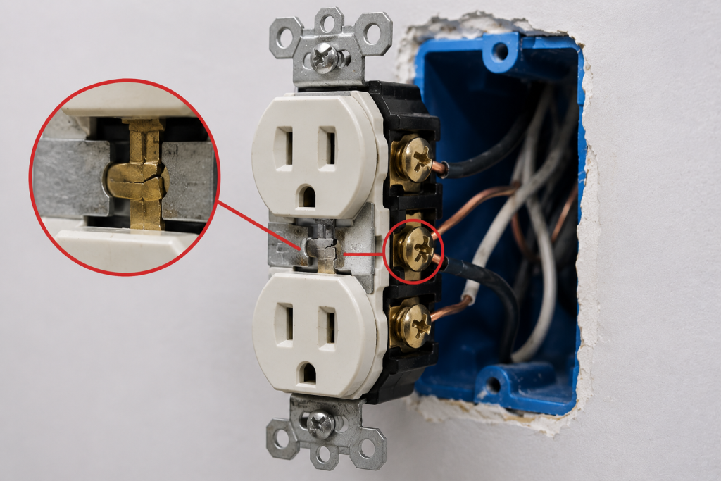 Close-up of a duplex electrical outlet removed from the wall showing a damaged connecting tab between the two receptacles during electrical troubleshooting.