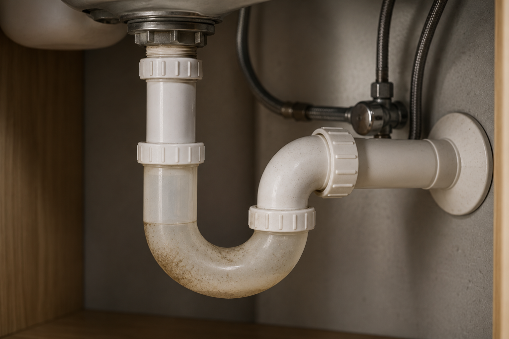 Close-up view of a residential plumbing P-trap beneath a bathroom fixture, showing the water-sealed bend that prevents sewer gases from entering the home.