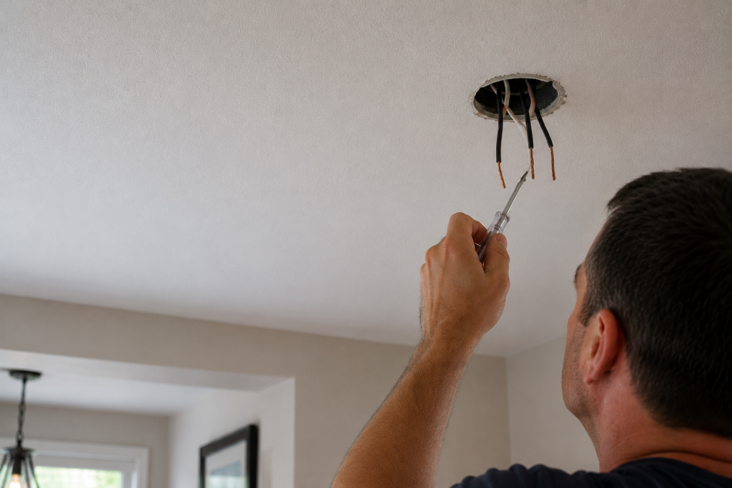 Homeowner using a screwdriver to inspect exposed ceiling wiring and electrical connections, illustrating how wiring issues can contribute to smoke detector malfunctions and false alarms.