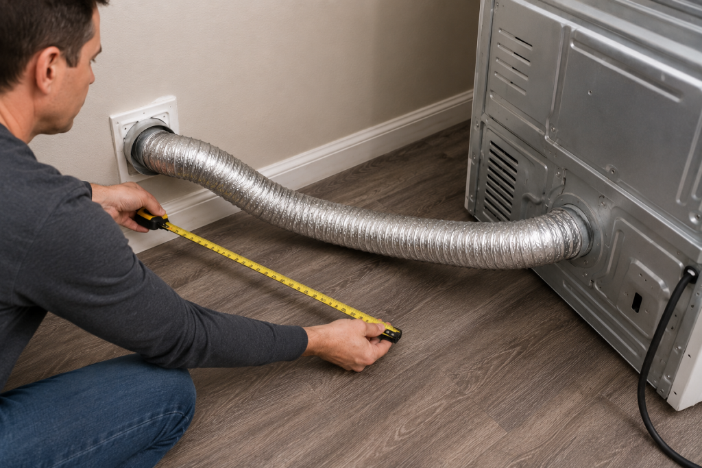 Homeowner measuring the length of a dryer vent run behind an LG dryer to determine whether excessive vent length is restricting airflow and causing a D80 error.