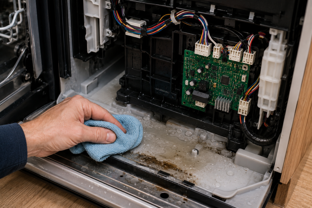 Technician inspecting and drying moisture inside a GE dishwasher near electronic components and wiring connections