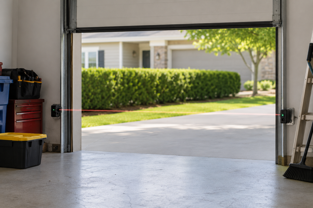 Close-up view of two aligned garage door safety sensors mounted near the floor on opposite tracks, with a clear beam path between them and an open residential garage in the background for Garage Door Sensor Not Working.