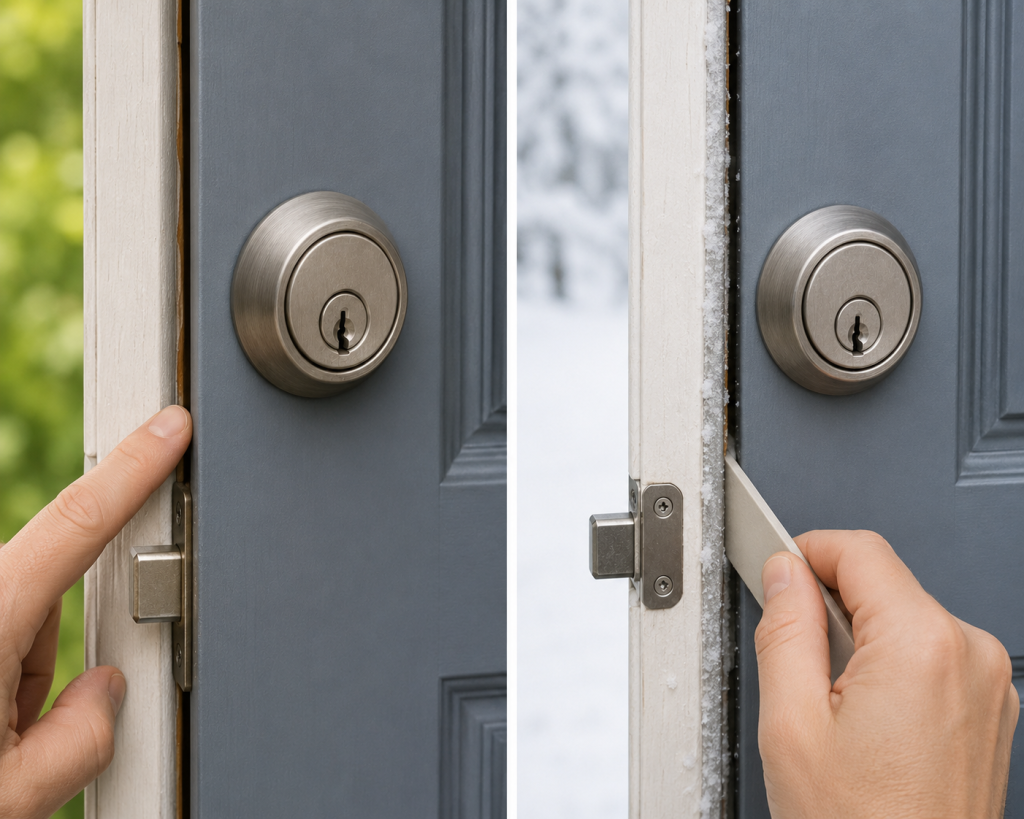 Comparison of an exterior door during different seasons showing door-to-frame clearance changes caused by seasonal expansion and contraction.