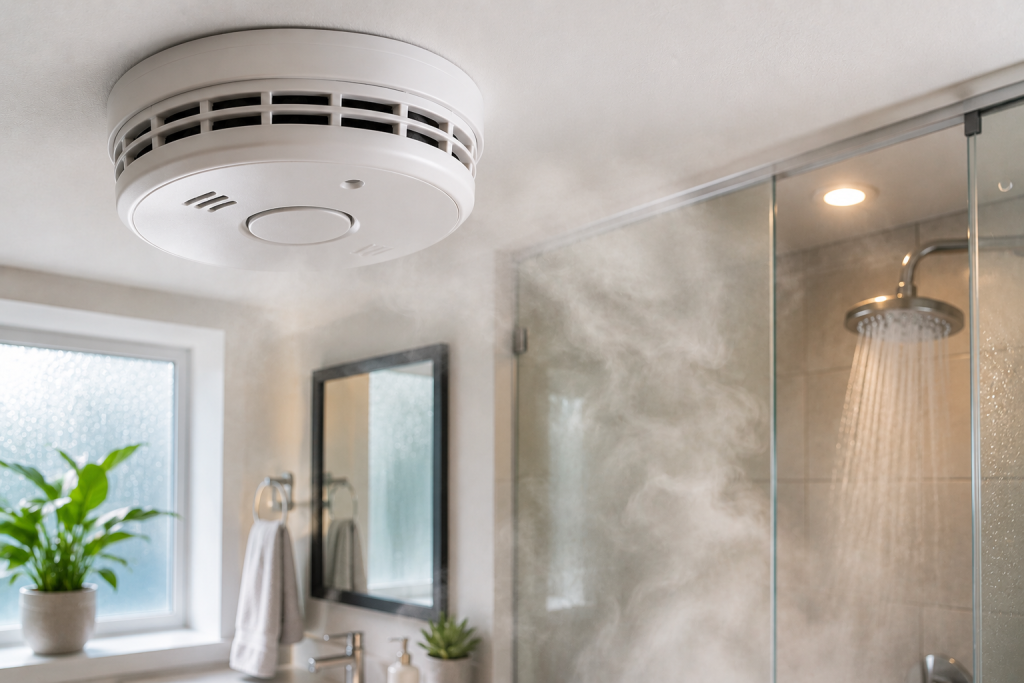 Ceiling-mounted smoke detector near a steamy bathroom shower, illustrating how humidity and steam can trigger false smoke alarm activations.