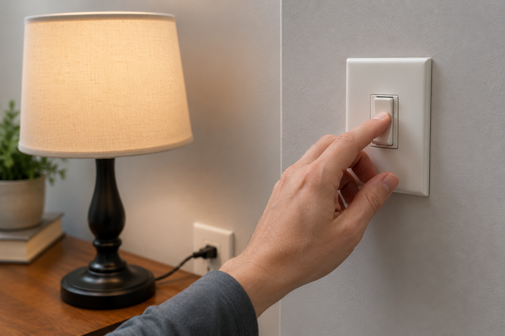 Hand testing a wall switch near a table lamp to determine whether an electrical outlet is controlled by the switch for Half of Outlet Not Working.