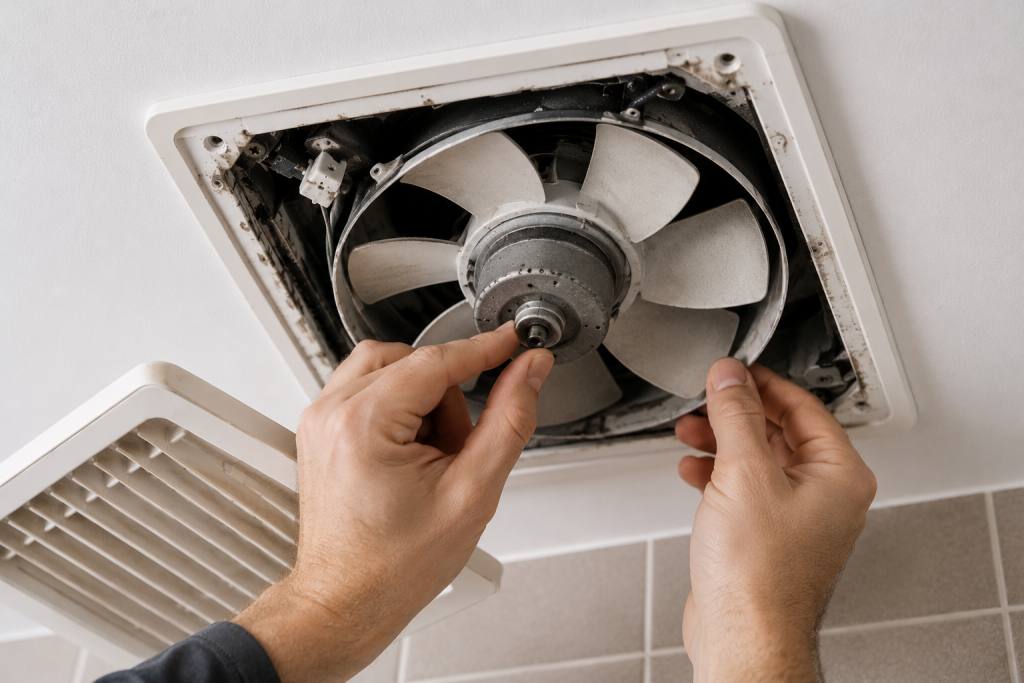 Close-up of a bathroom exhaust fan motor with a homeowner manually spinning the fan blades while inspecting the motor shaft and bearings for wear, resistance, or grinding for bathroom fan humming but not spinning