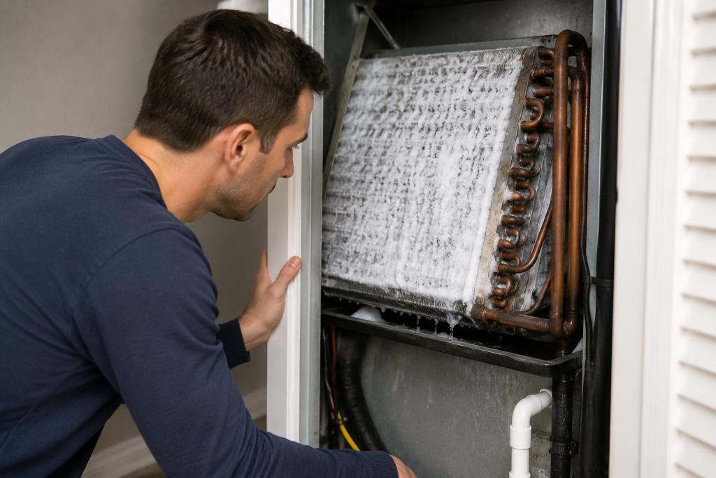 Indoor HVAC evaporator coil covered in visible frost and ice buildup inside an air handler cabinet, indicating restricted airflow or a refrigerant-related cooling problem.