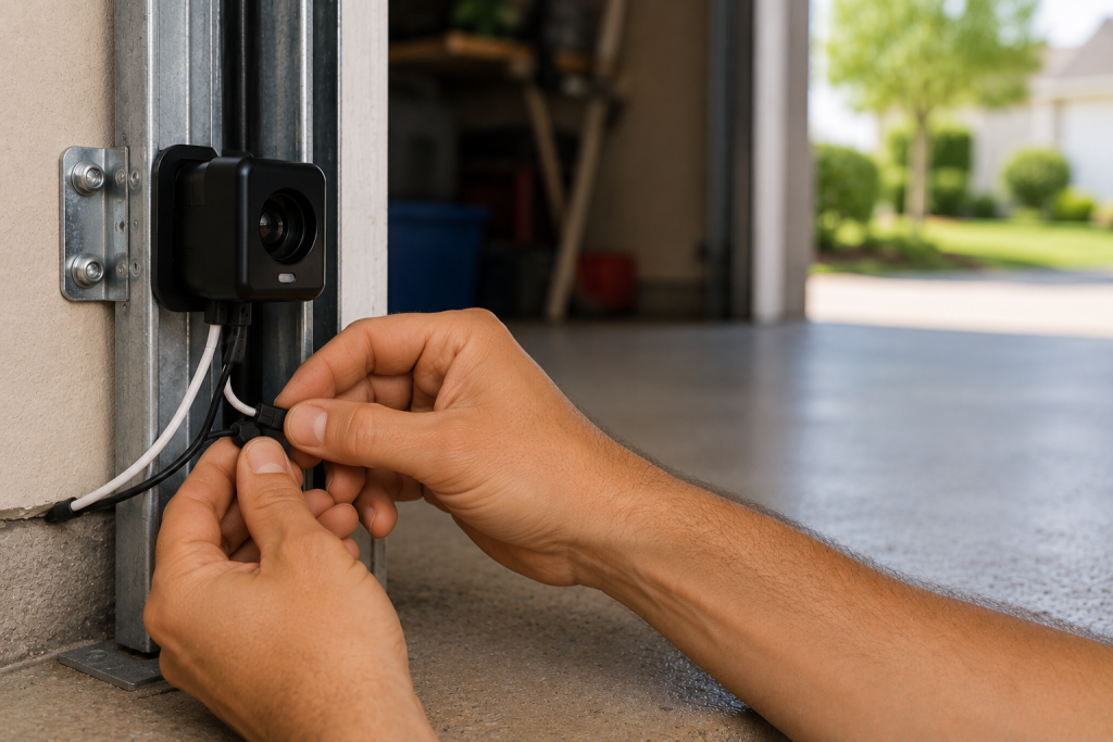 Homeowner inspecting low-voltage wiring connected to a garage door safety sensor near the bottom of the garage door track, checking for loose connections, damaged wires, or corrosion.