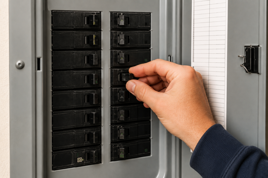 Person checking an electrical panel and resetting an HVAC circuit breaker to restore power to a thermostat.