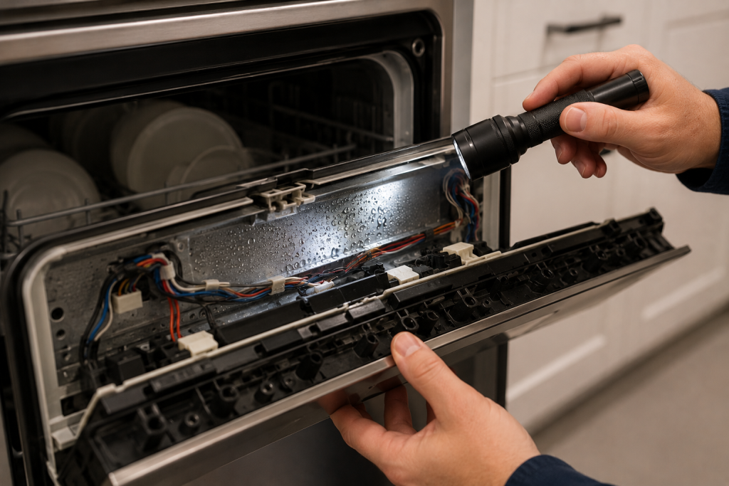 Technician inspecting moisture and water droplets behind a dishwasher control panel while troubleshooting unresponsive buttons