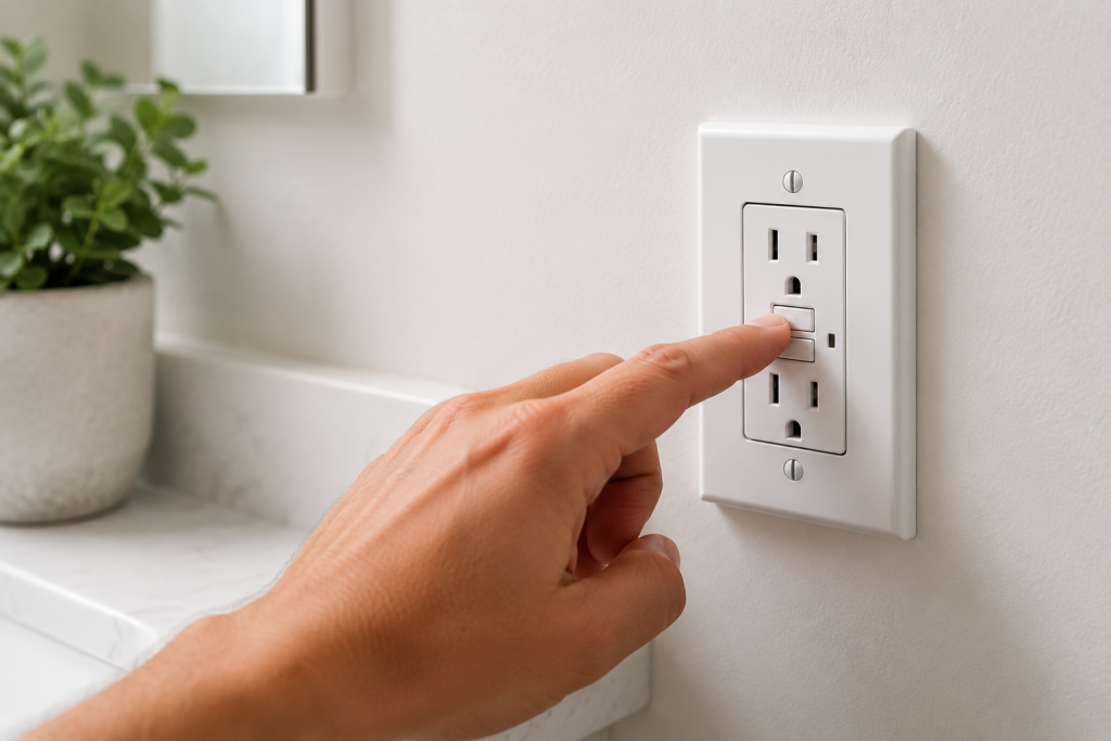 Homeowner pressing the reset button on a GFCI outlet in a residential setting while troubleshooting a power issue affecting a nearby electrical outlet.