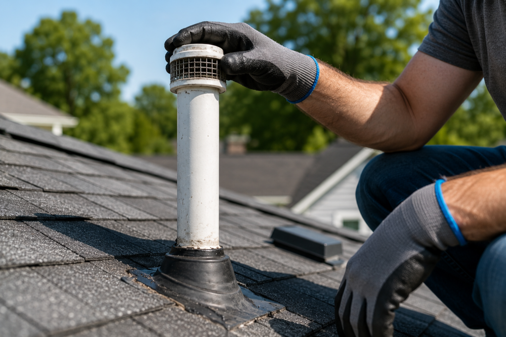 Homeowner inspecting a roof plumbing vent pipe for blockages that could cause sewer odors and drainage problems inside the home.
