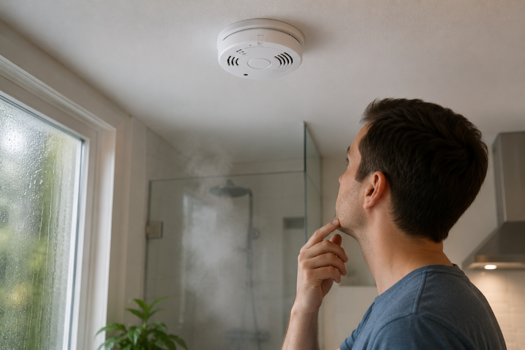 Homeowner inspecting a ceiling-mounted smoke detector near a steamy bathroom and condensation-covered window to identify humidity-related chirping issues.
