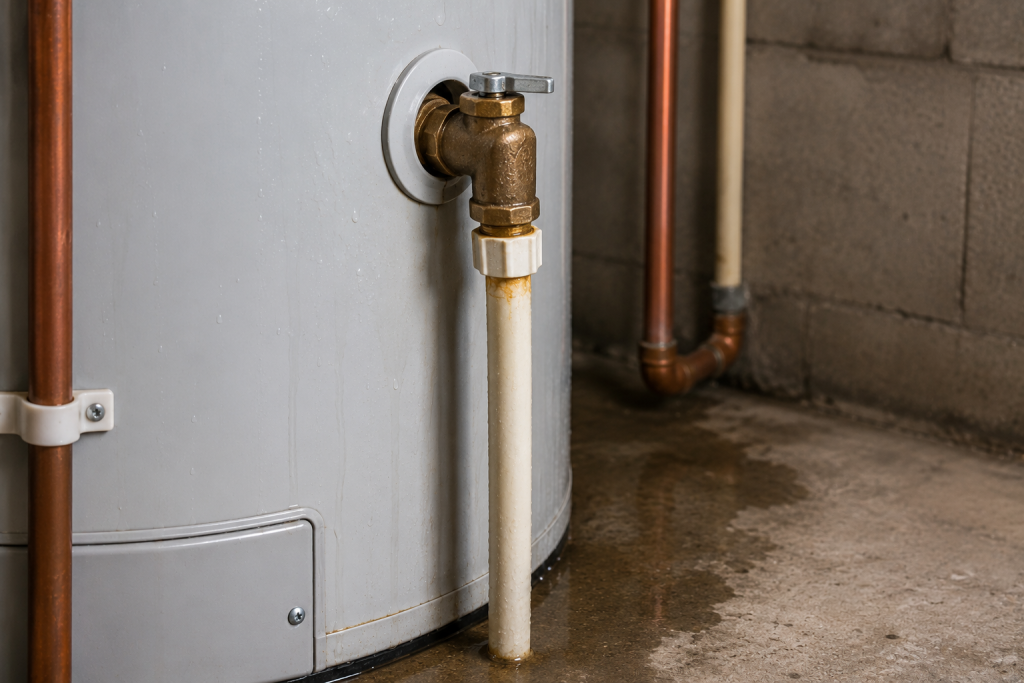 Close-up of a residential water heater temperature and pressure relief valve with discharge pipe, showing a homeowner inspecting the valve for leaks, corrosion, or signs of water discharge.