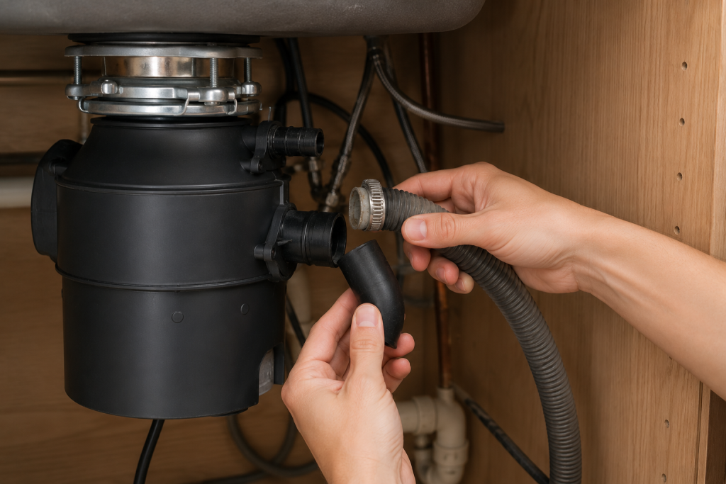 Homeowner inspecting the dishwasher drain hose connection at a kitchen garbage disposal to check for clogs and drainage restrictions.