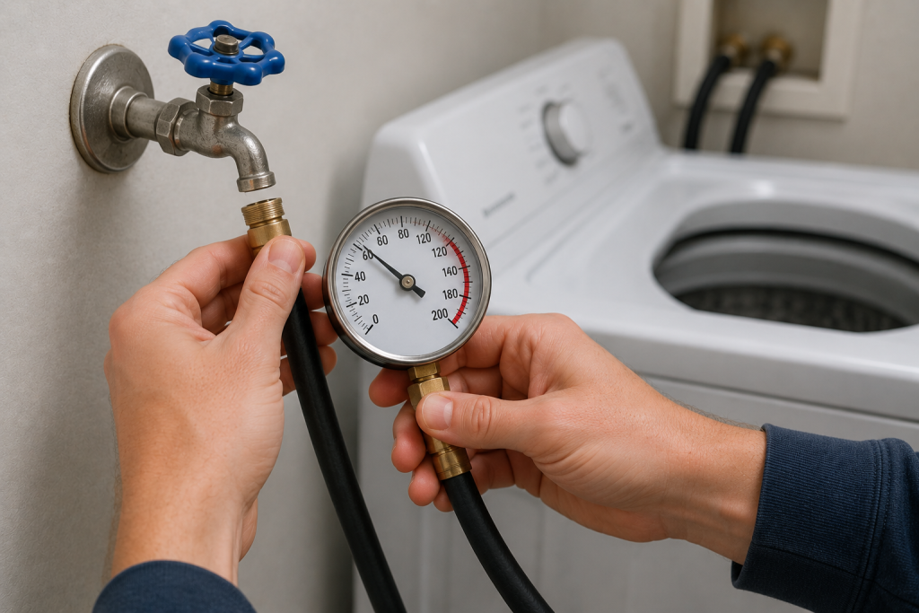 Water flowing from a disconnected washing machine supply hose into a bucket while a homeowner tests household water pressure in a laundry room.