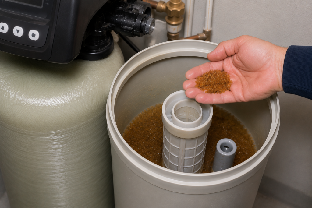 Homeowner inspecting water softener resin beads to evaluate the condition of the resin bed during maintenance and troubleshooting.
