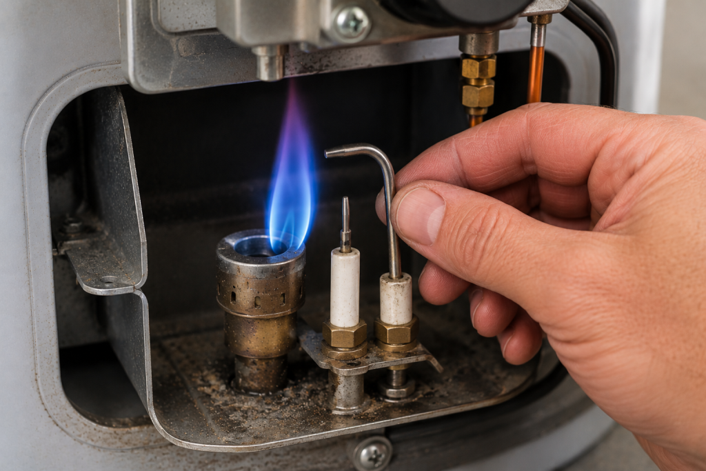 Close-up of a gas water heater pilot assembly with a person checking that the thermocouple is properly positioned in the pilot flame.