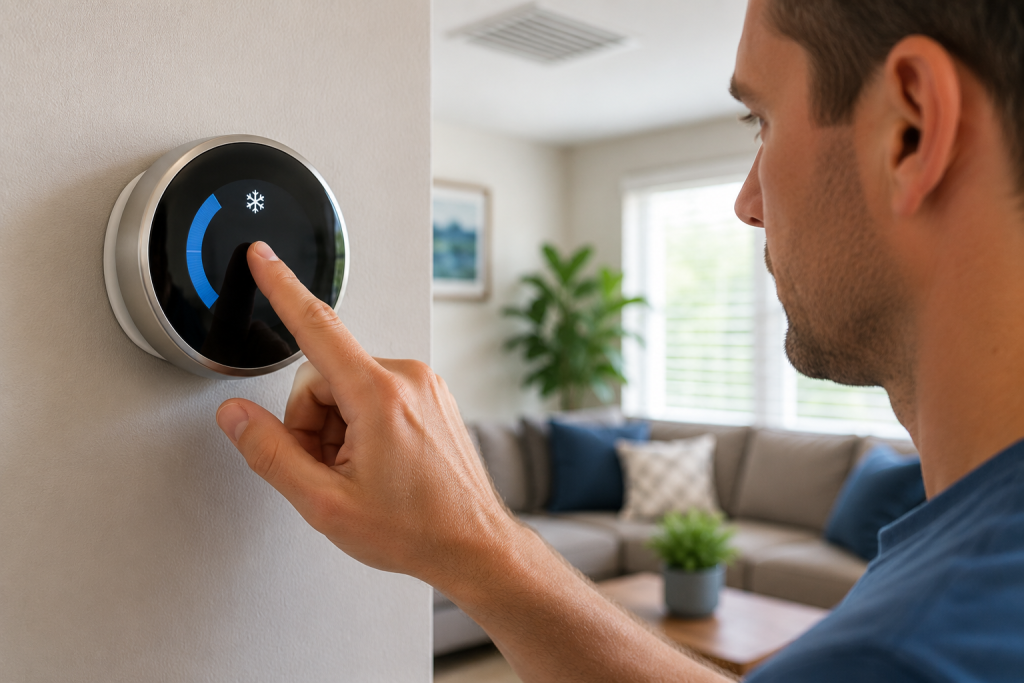 Homeowner adjusting a digital thermostat mounted on a wall while troubleshooting an AC Not Cooling Below 75 Degrees.
