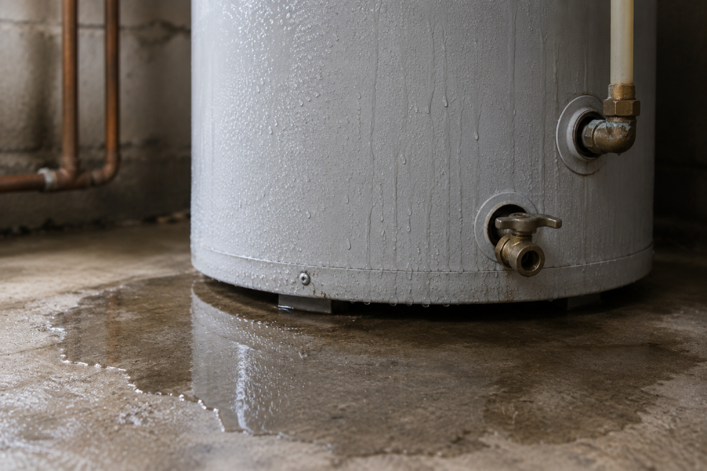 Water heater covered with condensation droplets and moisture on the exterior surface, with Water Heater Leaking From Bottom.