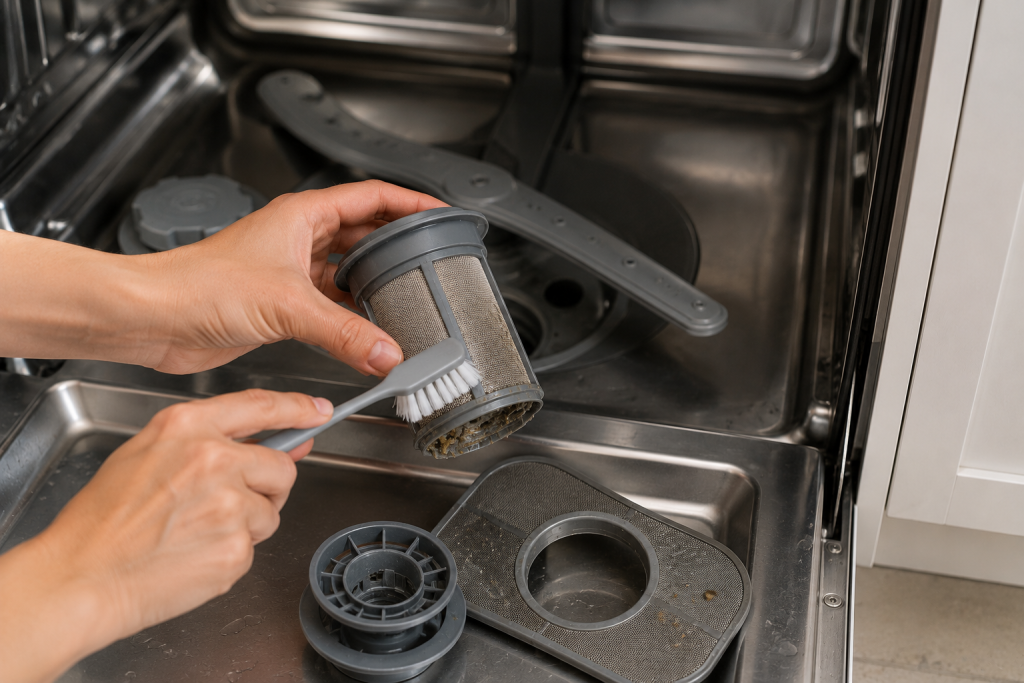 Homeowner removing and rinsing a Bosch dishwasher filter under running water in a kitchen sink to clear food debris and improve drainage for a Bosch Dishwasher E24 Error.