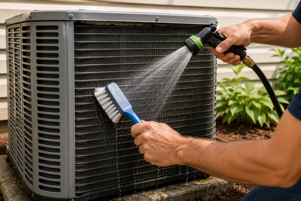 Homeowner cleaning dirt and debris from outdoor air conditioner condenser coils using a soft brush and gentle water spray to improve cooling efficiency and system performance.