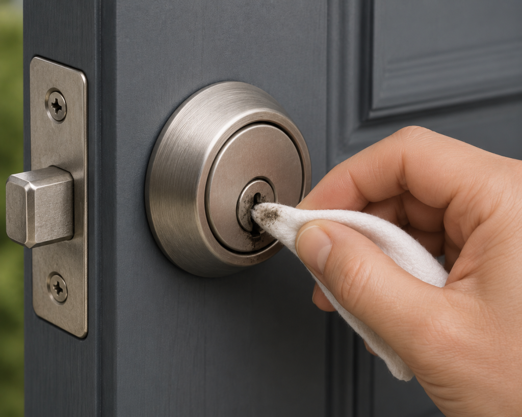 Hand cleaning dirt and debris from a deadbolt lock cylinder using a cloth to improve lock performance and prevent sticking.