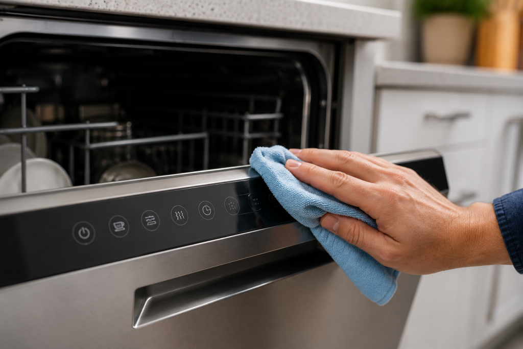 Homeowner wiping a dishwasher control panel with a microfiber cloth to remove dirt, fingerprints, and residue