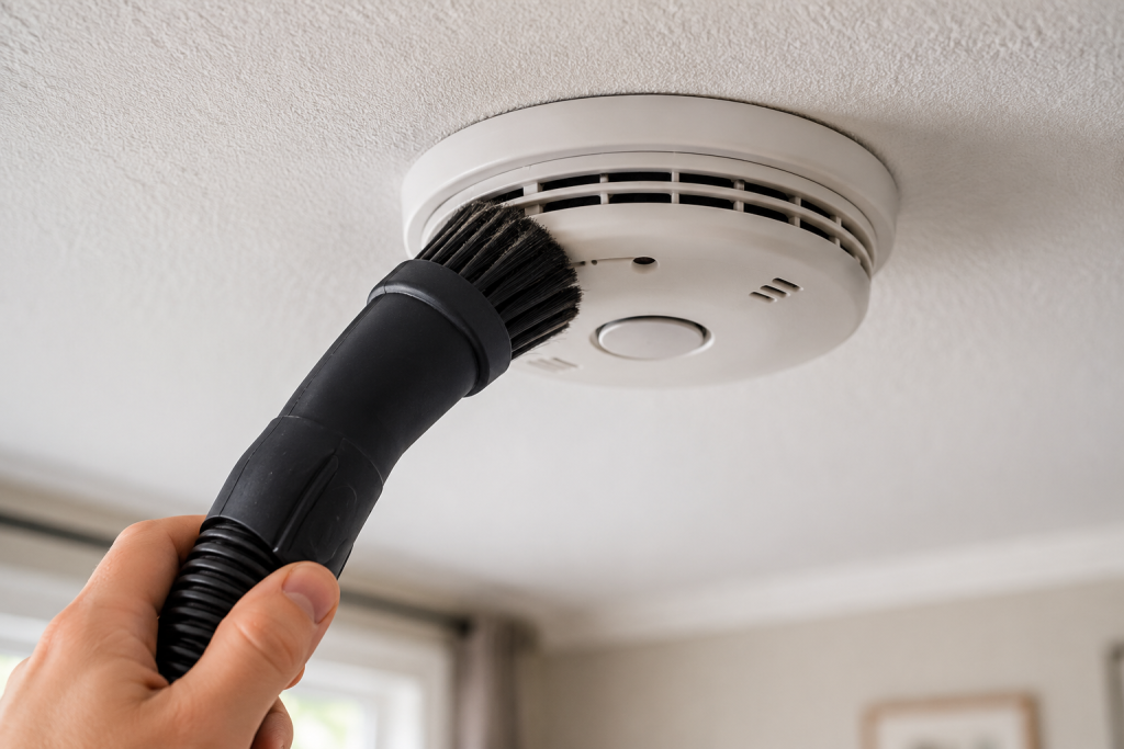 Homeowner using a vacuum brush attachment to remove dust and debris from a ceiling-mounted smoke detector during routine maintenance for Smoke Detector Going Off for No Reason.