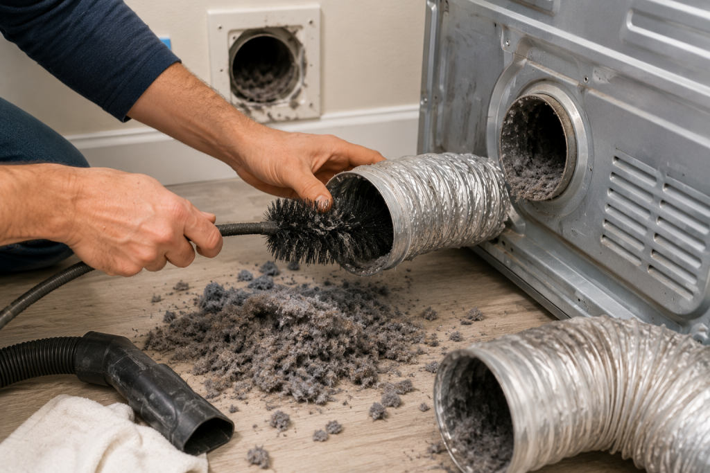 Dryer vent cleaning brush being pushed through a metal dryer vent duct to remove lint buildup and restore proper airflow in a home ventilation system.