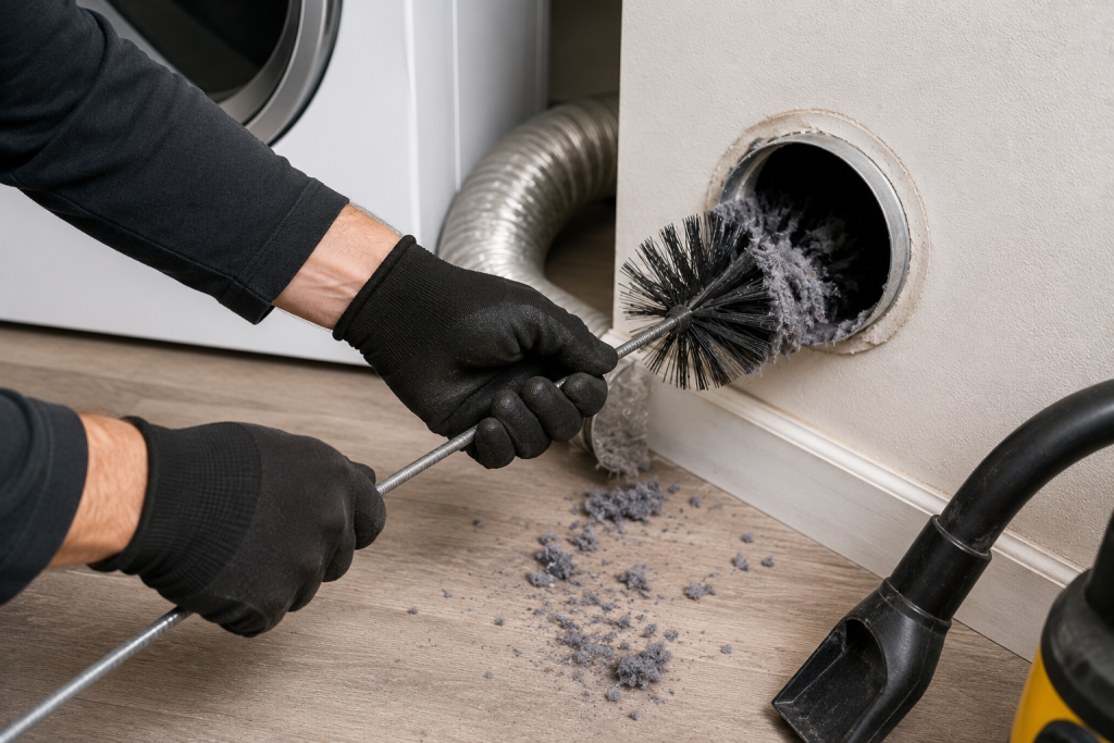 Homeowner using a dryer vent cleaning brush and flexible rods to remove lint buildup from a long dryer vent duct, improving airflow and resolving an LG Dryer D90 error.