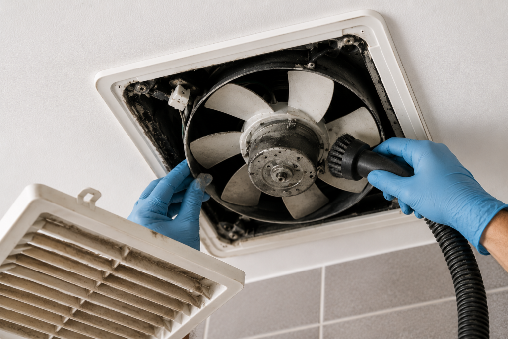 Person cleaning a bathroom exhaust fan assembly with a soft brush and vacuum attachment, removing dust and lint from fan blades, motor housing, and vent components.